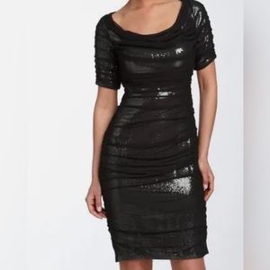 Tadashi Shoji Black Ruched Mesh with gold sequence Midi Cocktail Dress